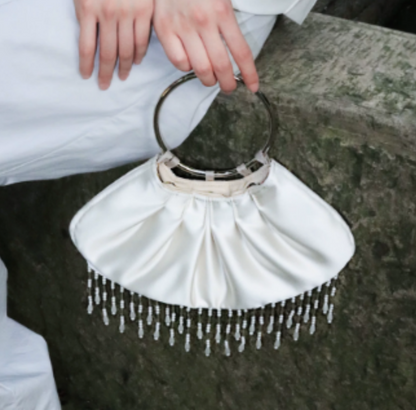 Satin Beaded Tassel Ring Handle Evening Clutch, Formal Party Handbag B001