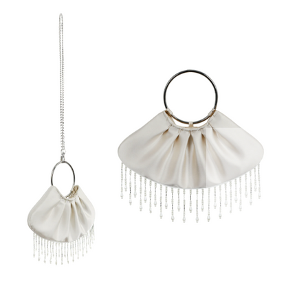Satin Beaded Tassel Ring Handle Evening Clutch, Formal Party Handbag B001