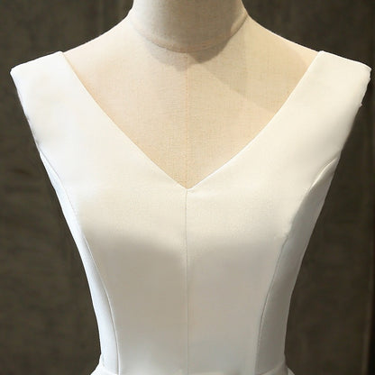 white satin midi dress, close up of V neck sleeveless bodice