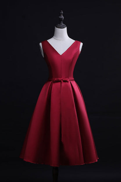burgundy satin midi dress with waist bow for party