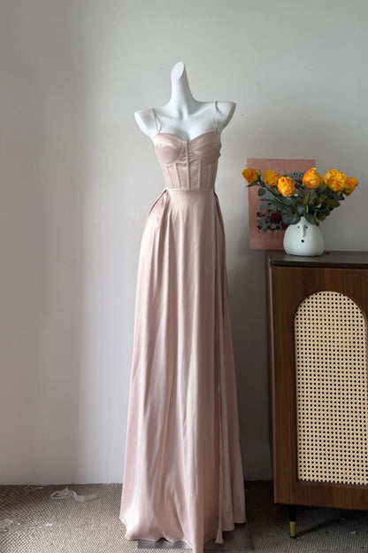 Satin Spaghetti Strap Evening Gown Corset Bodice A-Line Long Dress F0376
