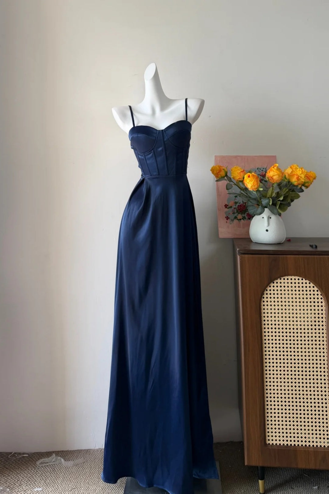 Satin Spaghetti Strap Evening Gown Corset Bodice A-Line Long Dress F0376