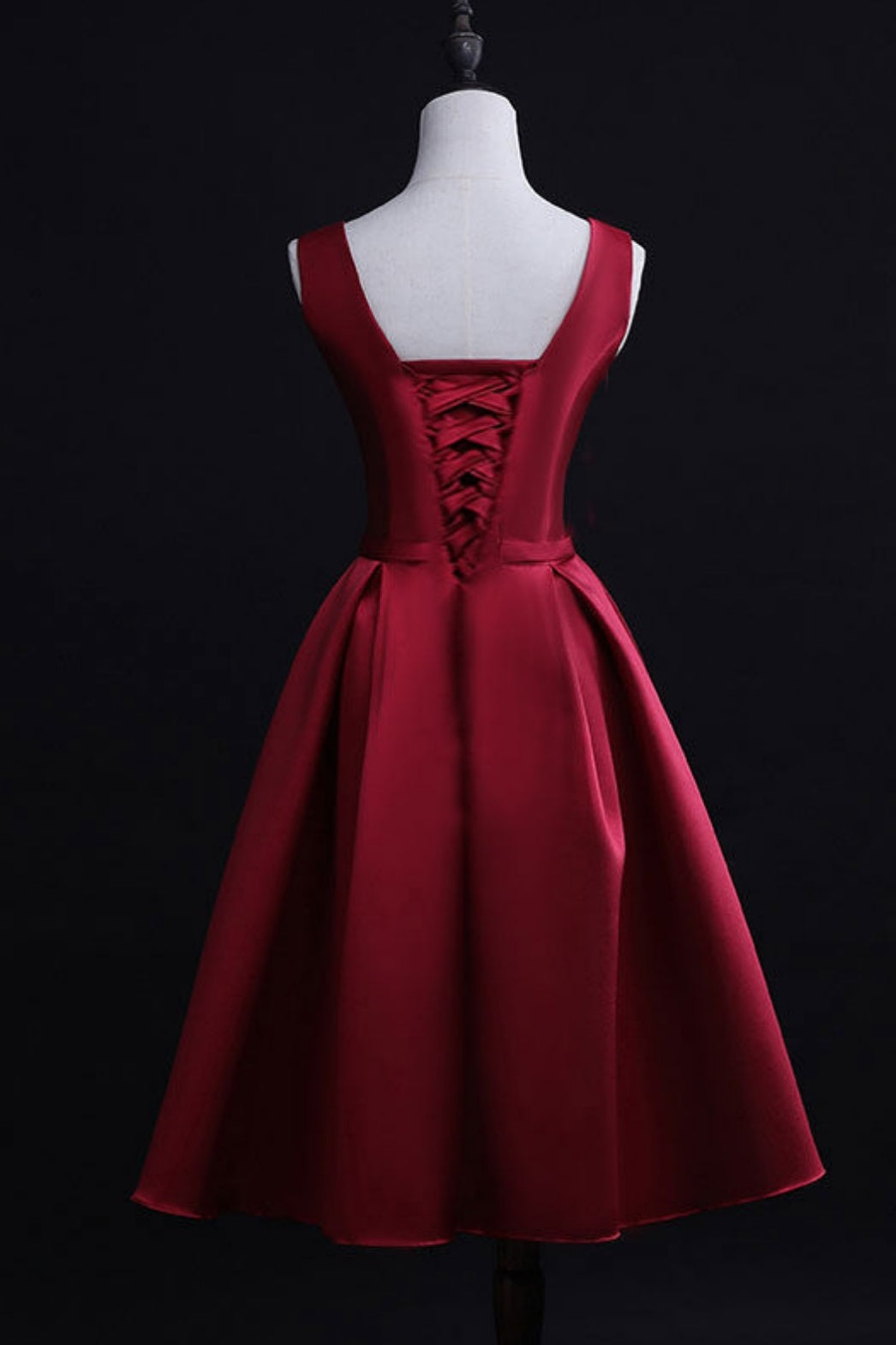 burgundy satin midi dress, lace up corset back