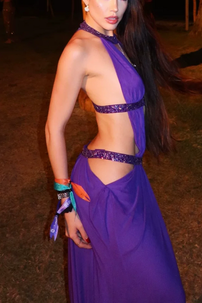 Purple Halter Cutout Rhinestone Mesh Evening Gown Open Back Draped Maxi Dress L045