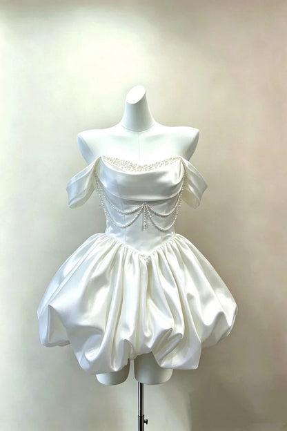 Pearl Chain Off‑Shoulder Satin Bubble Mini Wedding Gown F008