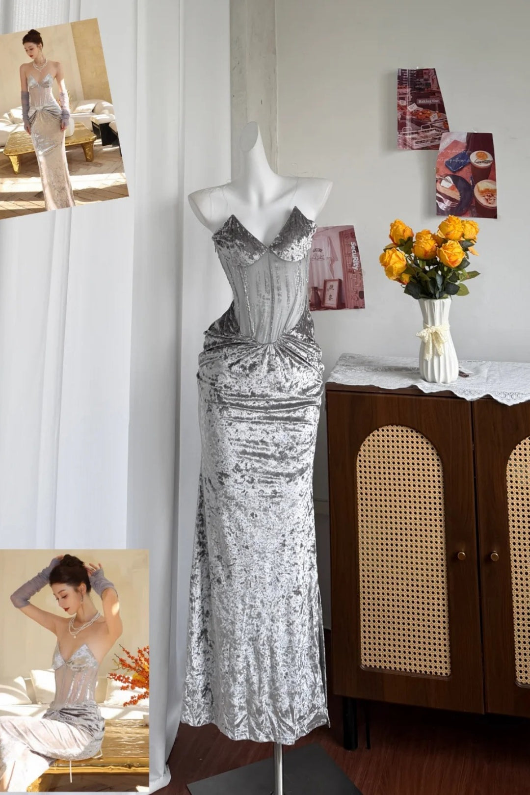 Silver Crushed Velvet Mermaid Evening Dress, Sheer Corset Gown F0415