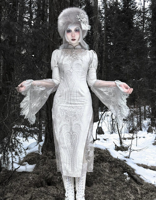 Silver Gray Gothic Lace Midi Dress Halloween Party Dress F0495