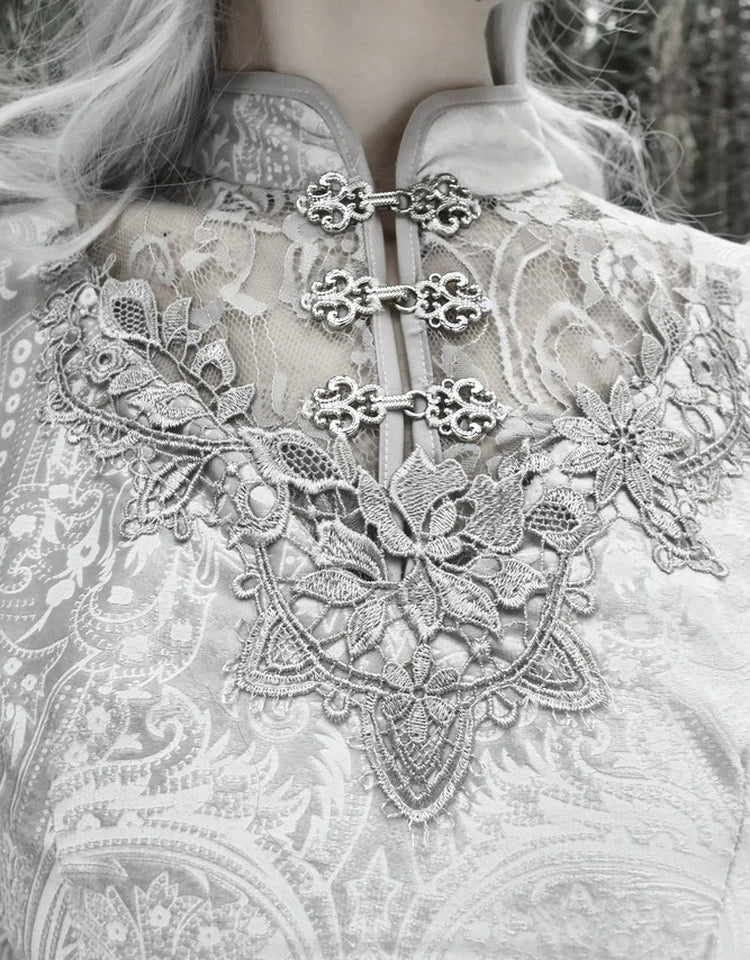 Silver Gray Gothic Lace Midi Dress Halloween Party Dress F0495