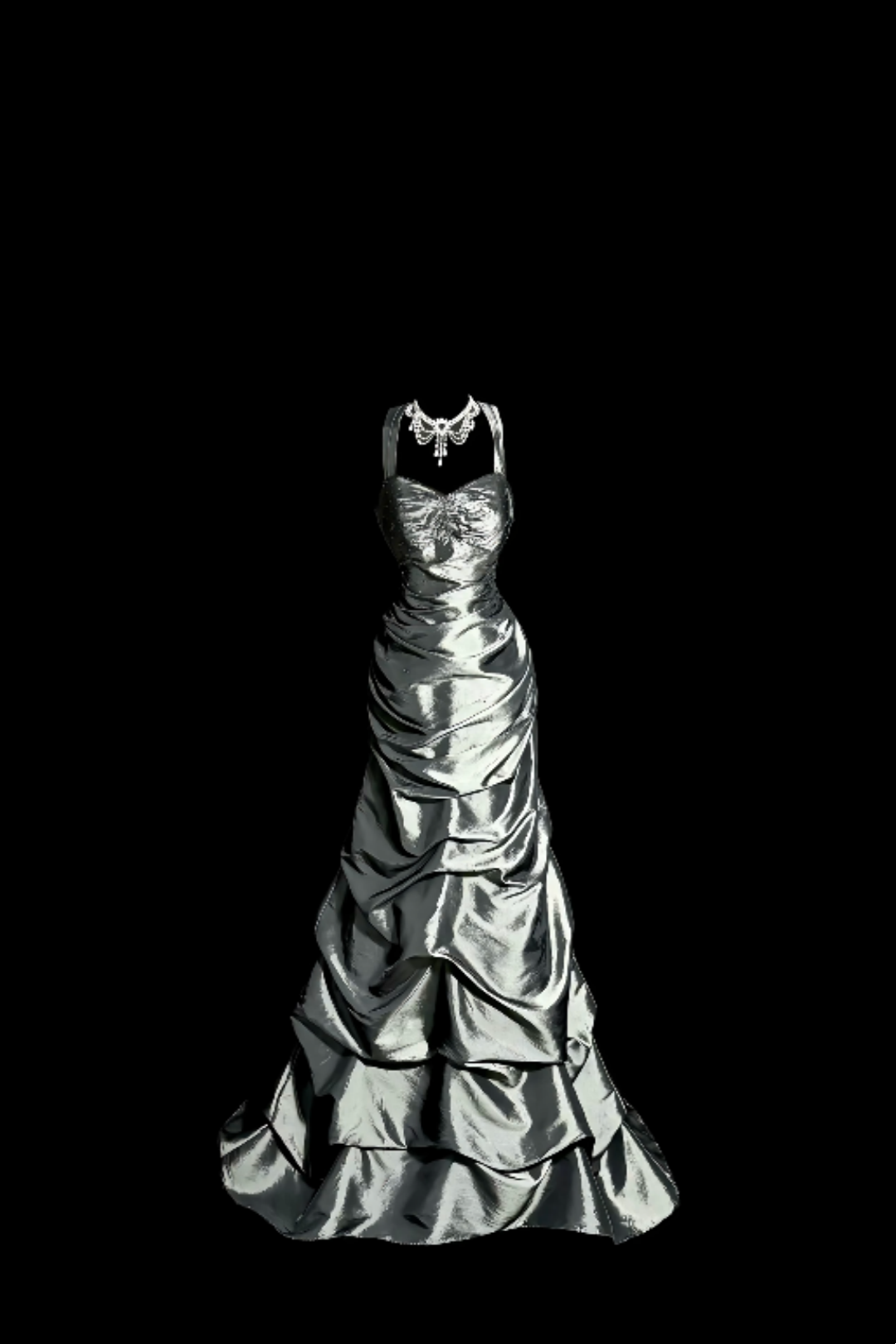 Vintage Silver Satin Prom Gown, Halter Sweetheart Neck Ruffled Mermaid Gown F0042