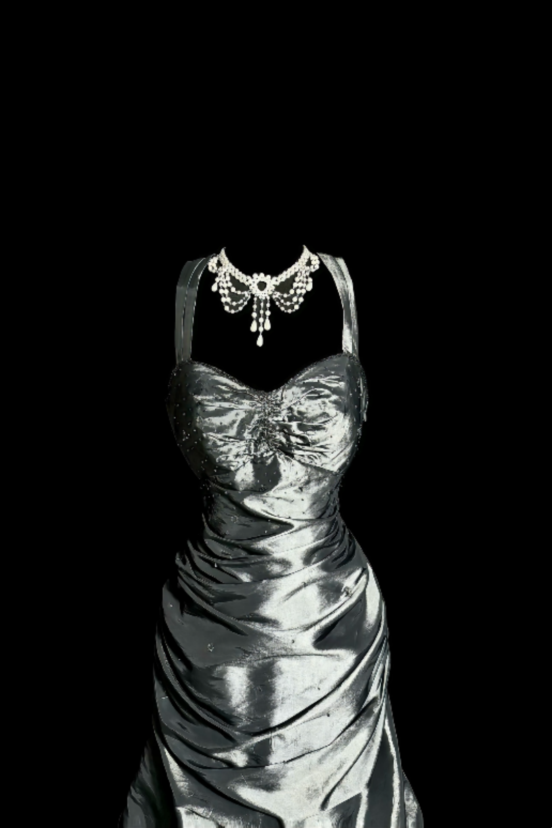Vintage Silver Satin Prom Gown, Halter Sweetheart Neck Ruffled Mermaid Gown F0042