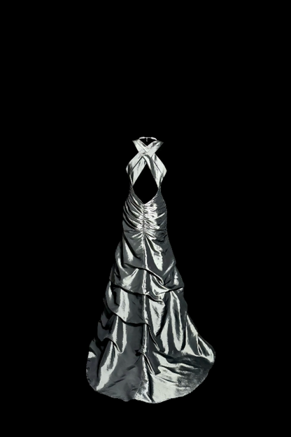 Vintage Silver Satin Prom Gown, Halter Sweetheart Neck Ruffled Mermaid Gown F0042