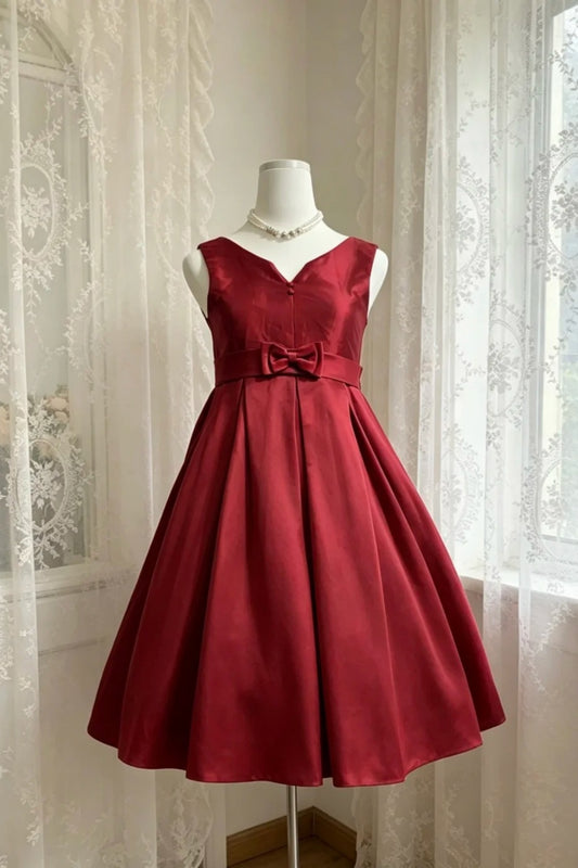 Sleeveless Burgundy Satin Midi Homecoming Dress Big Bow Tea Length Dress F0303