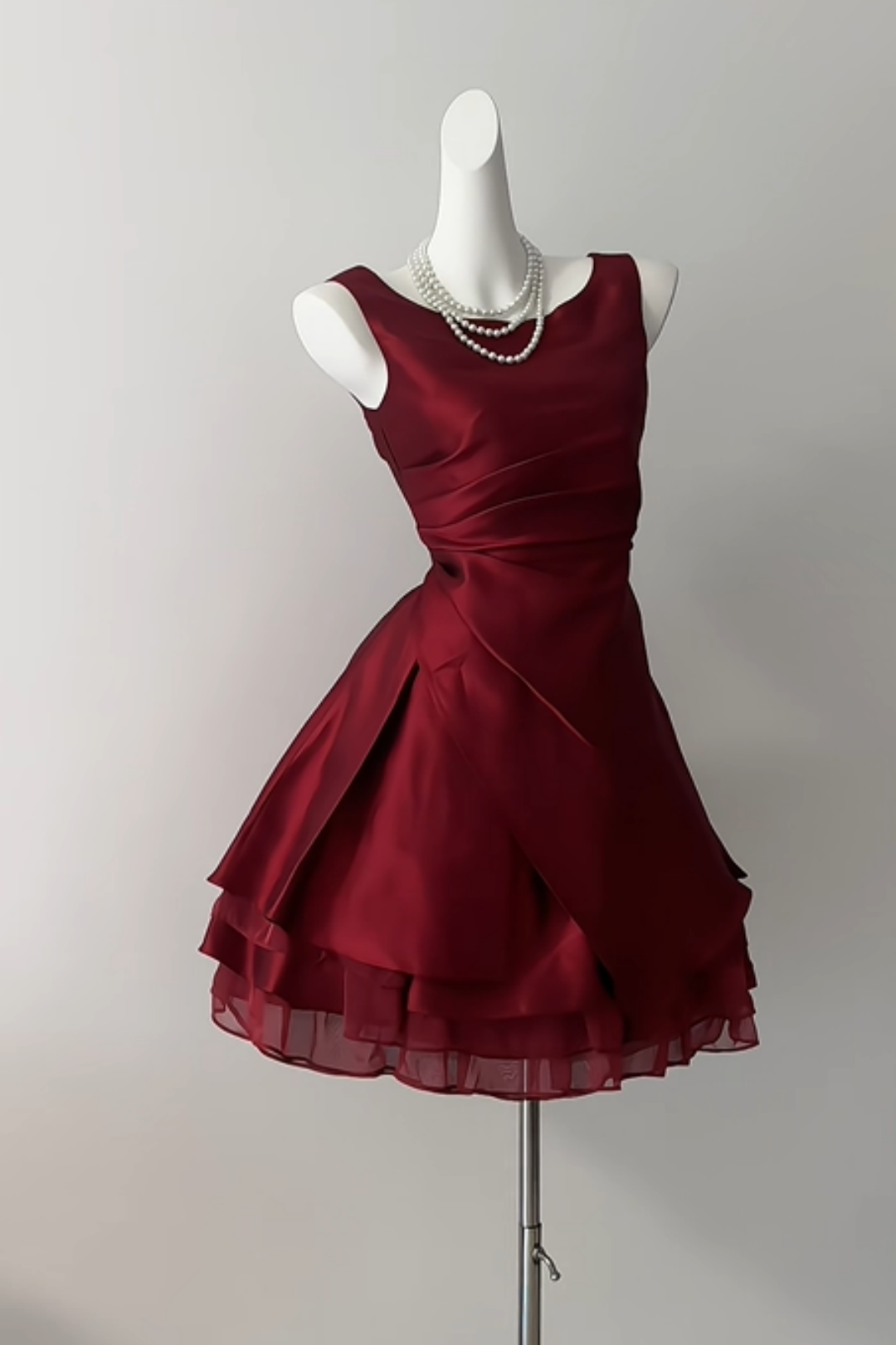 Sleeveless Burgundy Satin Short Dress With Layered Organza Hem F0363