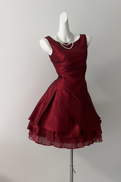 Sleeveless Burgundy Satin Short Dress With Layered Organza Hem F0363