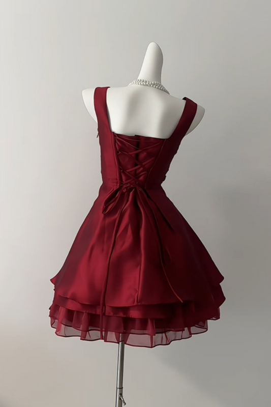 Sleeveless Burgundy Satin Short Dress With Layered Organza Hem F0363