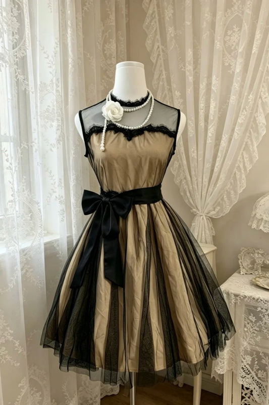 Sleeveless Vintage Black Mesh Homecoming Dress Lace Trim Tea Length Dress F0307