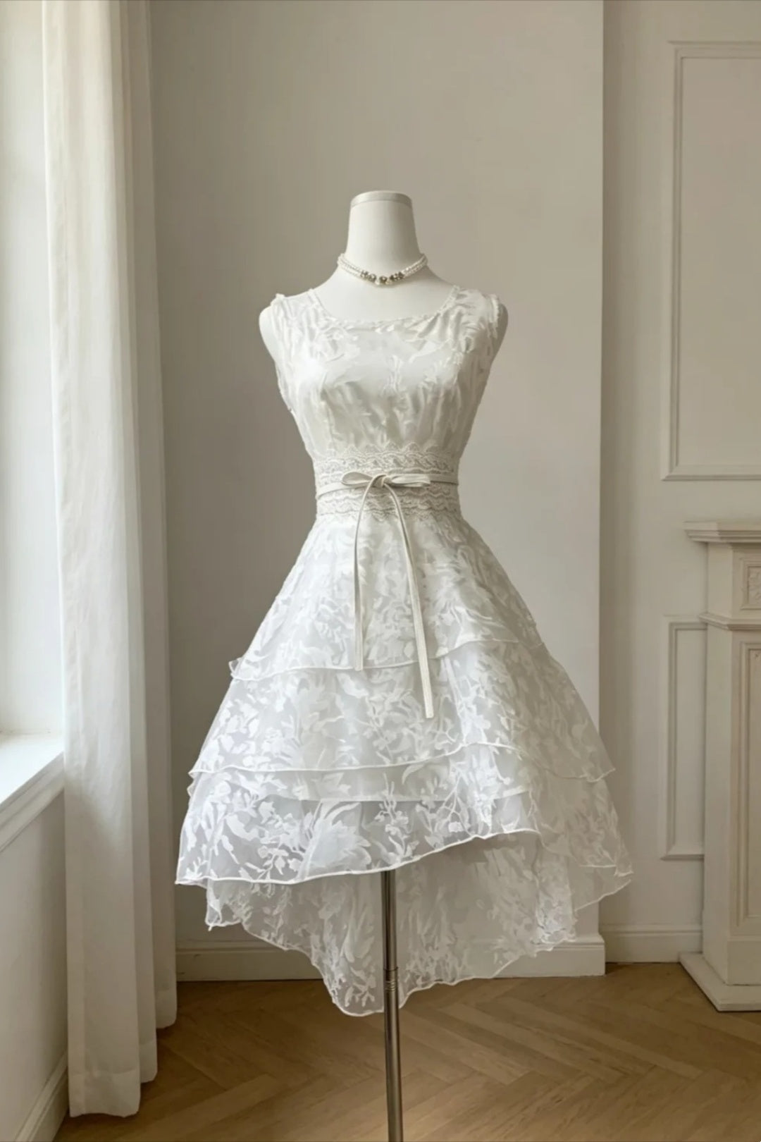 Sleeveless White Lace Homecoming Dress High Low Tiered Mini Dress F0301