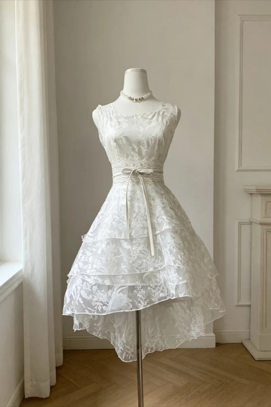 Sleeveless White Lace Homecoming Dress High Low Tiered Mini Dress F0301