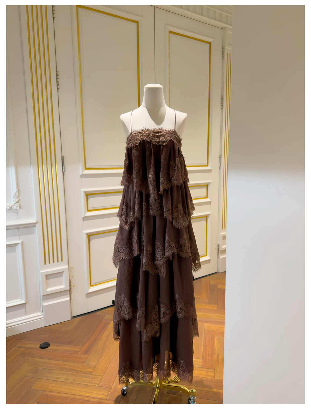 Spaghetti Strap Brown Tiered Lace Ruffle Maxi Evening Dress F0441
