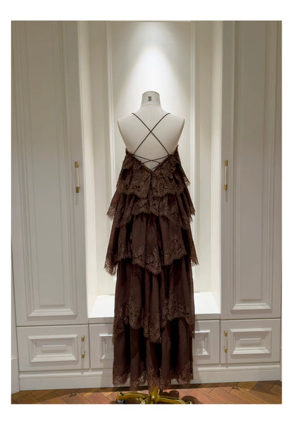 Spaghetti Strap Brown Tiered Lace Ruffle Maxi Evening Dress F0441