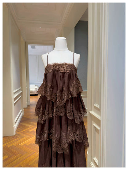 Spaghetti Strap Brown Tiered Lace Ruffle Maxi Evening Dress F0441