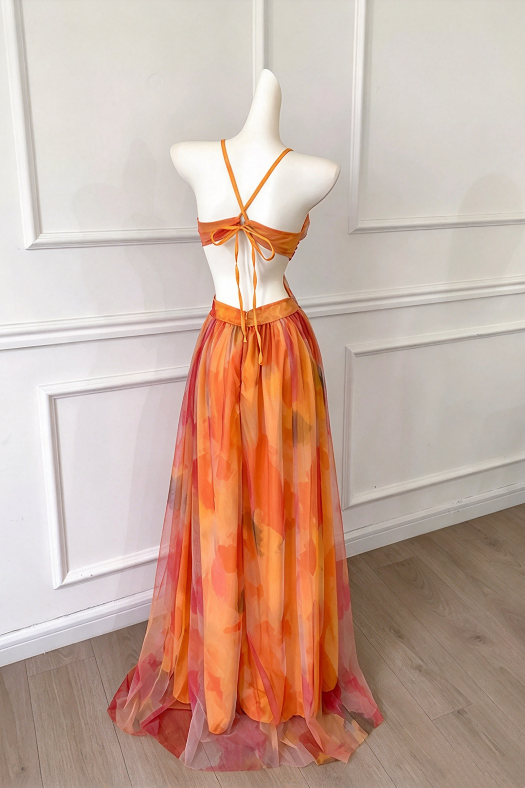 Spaghetti Strap Cutout Printed Tulle Long Formal Dress F0451