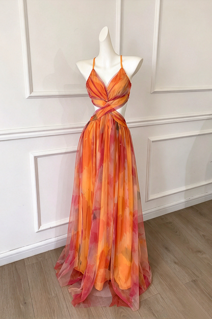 Spaghetti Strap Cutout Printed Tulle Long Formal Dress F0451