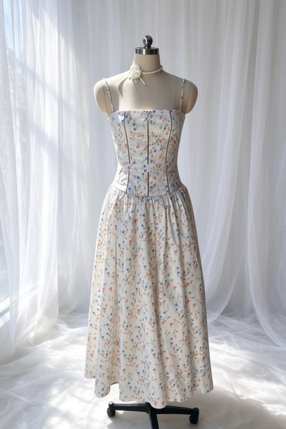 Spaghetti Strap Floral Midi Dress Corset Bodice Garden Party Gown F0425
