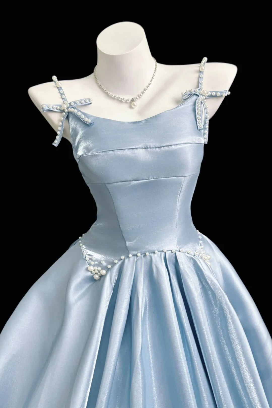 Spaghetti Strap Light Blue Satin Ball Gown With Pearl Bow Details  F0356