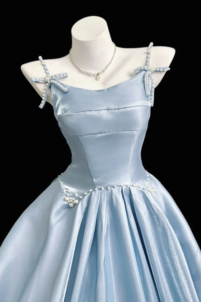 Spaghetti Strap Light Blue Satin Ball Gown With Pearl Bow Details  F0356
