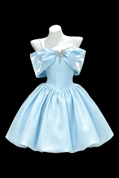 Spaghetti Strap Light Blue Satin Mini Homecoming Dress With Big Bow & Crystal Butterfly F0325