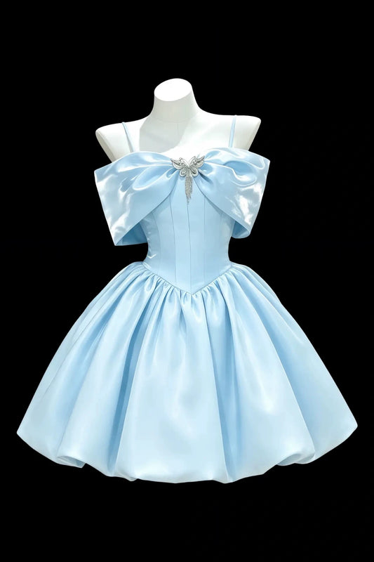 Spaghetti Strap Light Blue Satin Mini Homecoming Dress With Big Bow & Crystal Butterfly F0325
