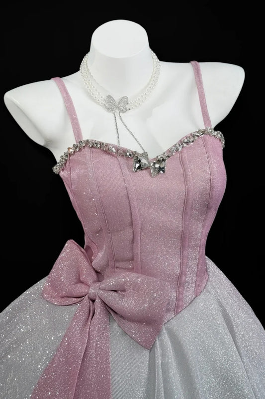 Spaghetti Strap Pink Glitter Short Dress With Crystal Trim & Big Bow F0360