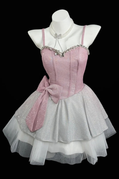 Spaghetti Strap Pink Glitter Short Dress With Crystal Trim & Big Bow F0360