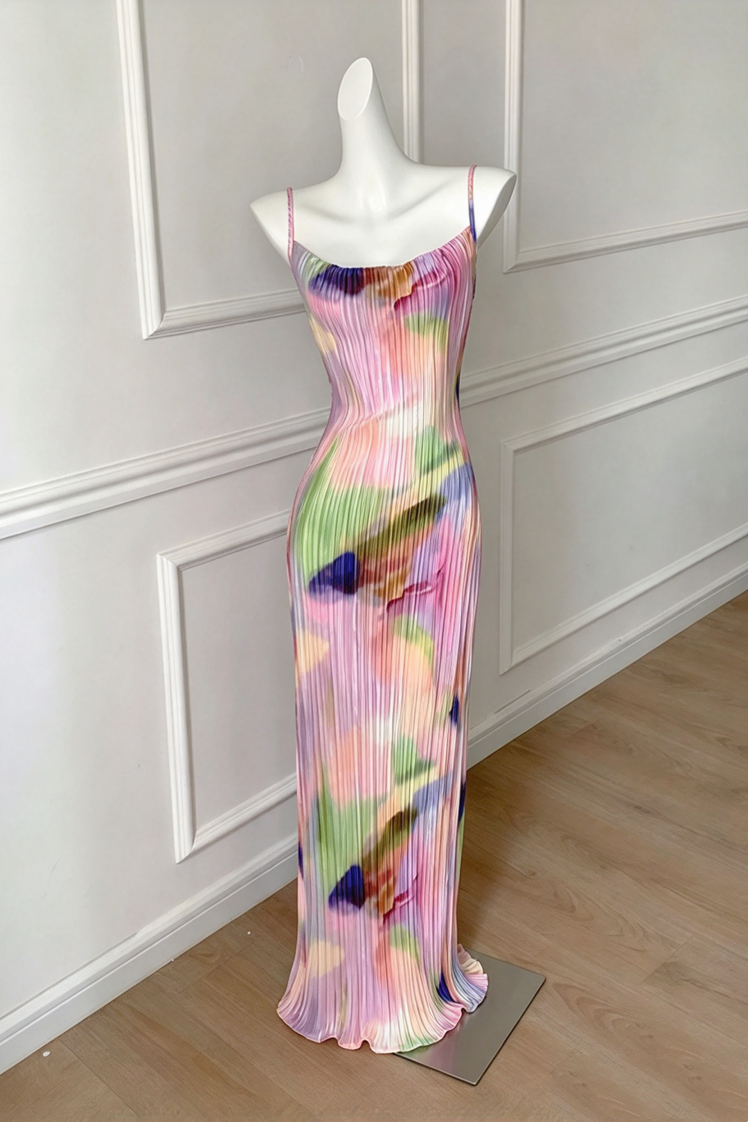 Spaghetti Strap Pleated Multicolor Print Midi Formal Dress F0452