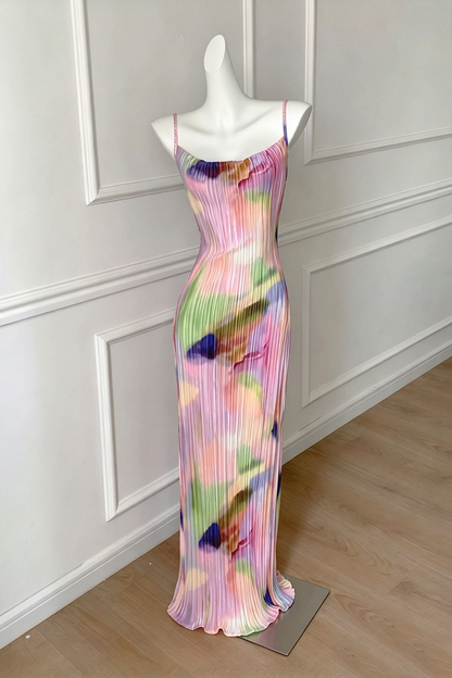 Spaghetti Strap Pleated Multicolor Print Midi Formal Dress F0452