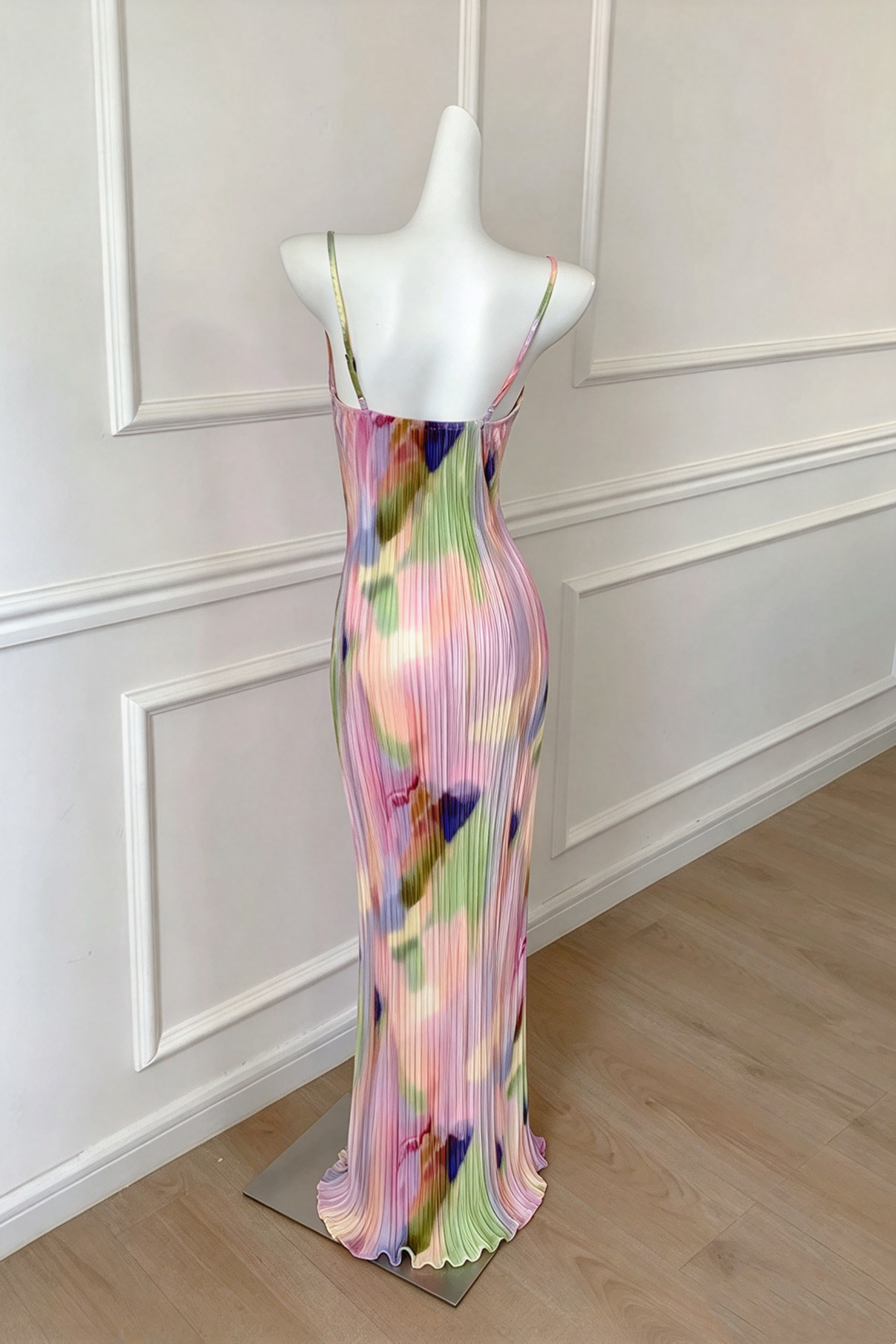 Spaghetti Strap Pleated Multicolor Print Midi Formal Dress F0452
