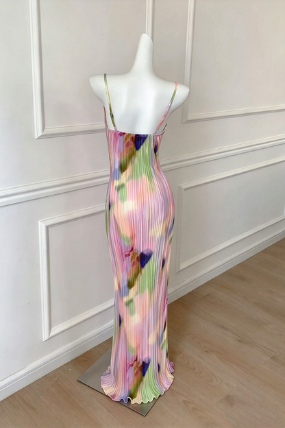 Spaghetti Strap Pleated Multicolor Print Midi Formal Dress F0452