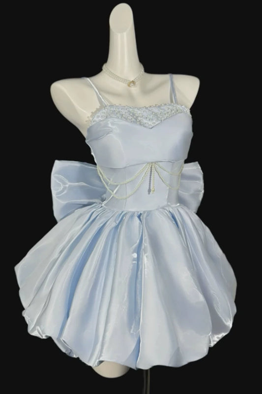 Spaghetti Strap Satin Mini Homecoming Dress With Pearl Beading & Big Back Bow F0327