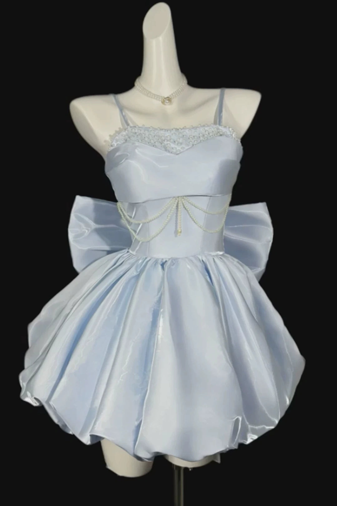 Spaghetti Strap Satin Mini Homecoming Dress With Pearl Beading & Big Back Bow F0327