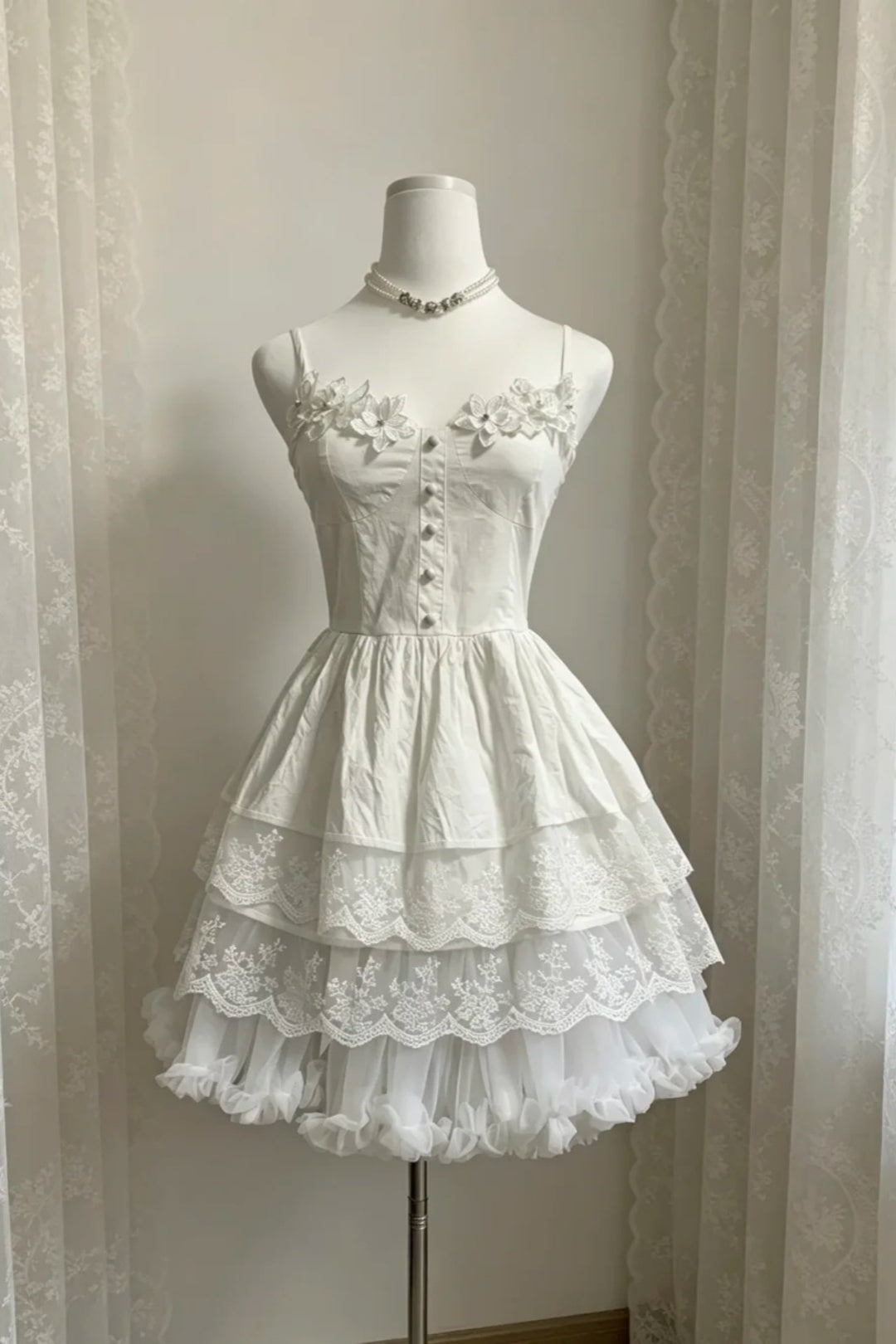 Spaghetti Strap White Lace Tiered Homecoming Dress 3D Floral Mini Dress F0304