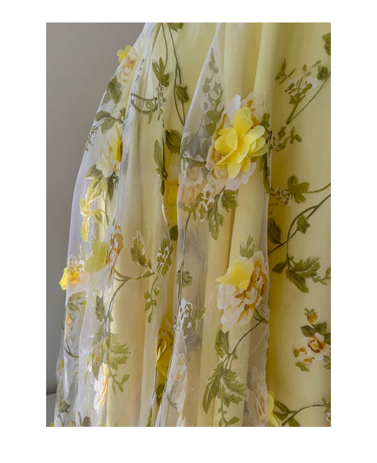 Spaghetti Strap Yellow 3D Floral Tulle Maxi Evening Dress F0443