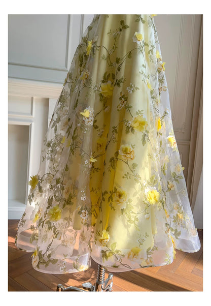 Spaghetti Strap Yellow 3D Floral Tulle Maxi Evening Dress F0443