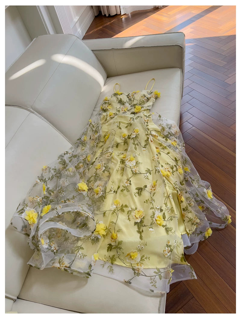 Spaghetti Strap Yellow 3D Floral Tulle Maxi Evening Dress F0443