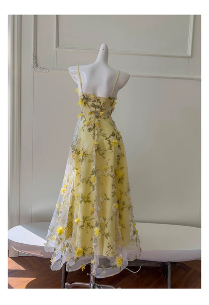Spaghetti Strap Yellow 3D Floral Tulle Maxi Evening Dress F0443