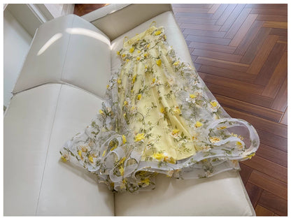 Spaghetti Strap Yellow 3D Floral Tulle Maxi Evening Dress F0443