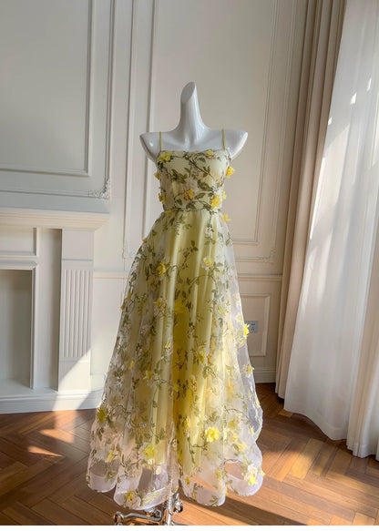Spaghetti Strap Yellow 3D Floral Tulle Maxi Evening Dress F0443
