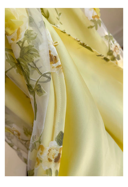 Spaghetti Strap Yellow 3D Floral Tulle Maxi Evening Dress F0443