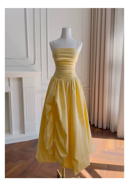 Spaghetti Strap Yellow Midi Evening Dress F0442