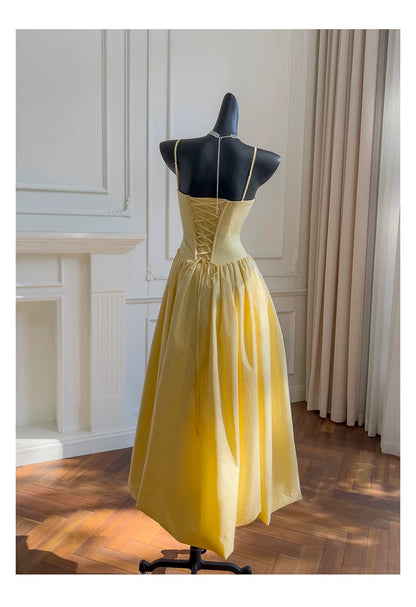 Spaghetti Strap Yellow Midi Evening Dress F0442